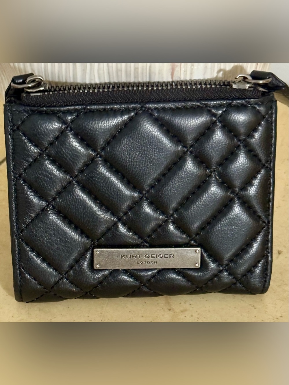 Kurt Geiger Black Quilted Leather Wallet  with Silver Plaque EUC